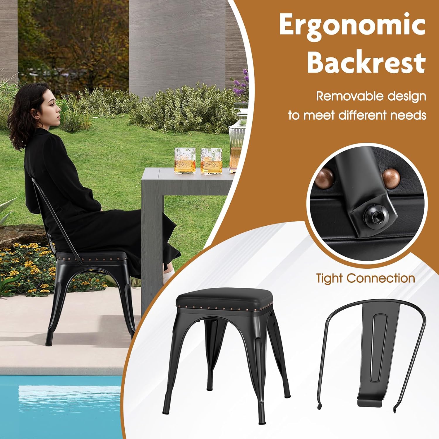 COSTWAY Metal Dining Chairs Set of 4, 18.5 Inch Stackable Industrial Kitchen Tolix Side Chairs with PU Leather Cushions, Detachable High Back for Dining Room, Cafe, Restaurant, Bistro (Black)