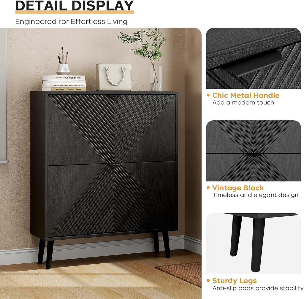 Shoe Cabinet Storage, Farmhouse Freestanding Organizer with 2 Flip Drawers and 4 Wooden feet, Narrow Shoe Rack Cabinet for Entryway, Foyer, Hallway, Black