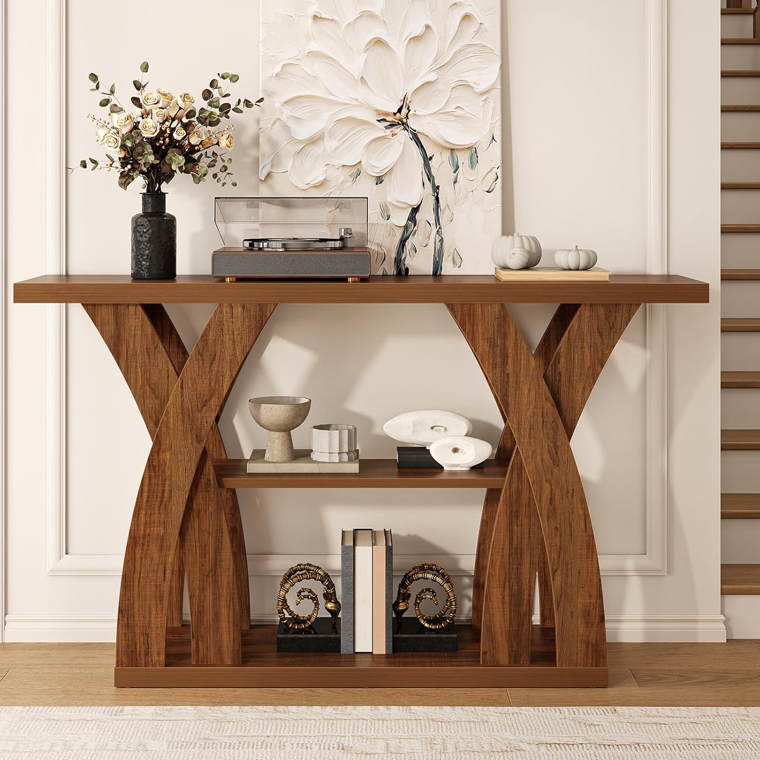 Console Tables, 55-Inches Walnut Console Table with Storage 3-Tier Farmhouse Narrow Entryway Table for Living Room, Hallway, Foyer(Brown)