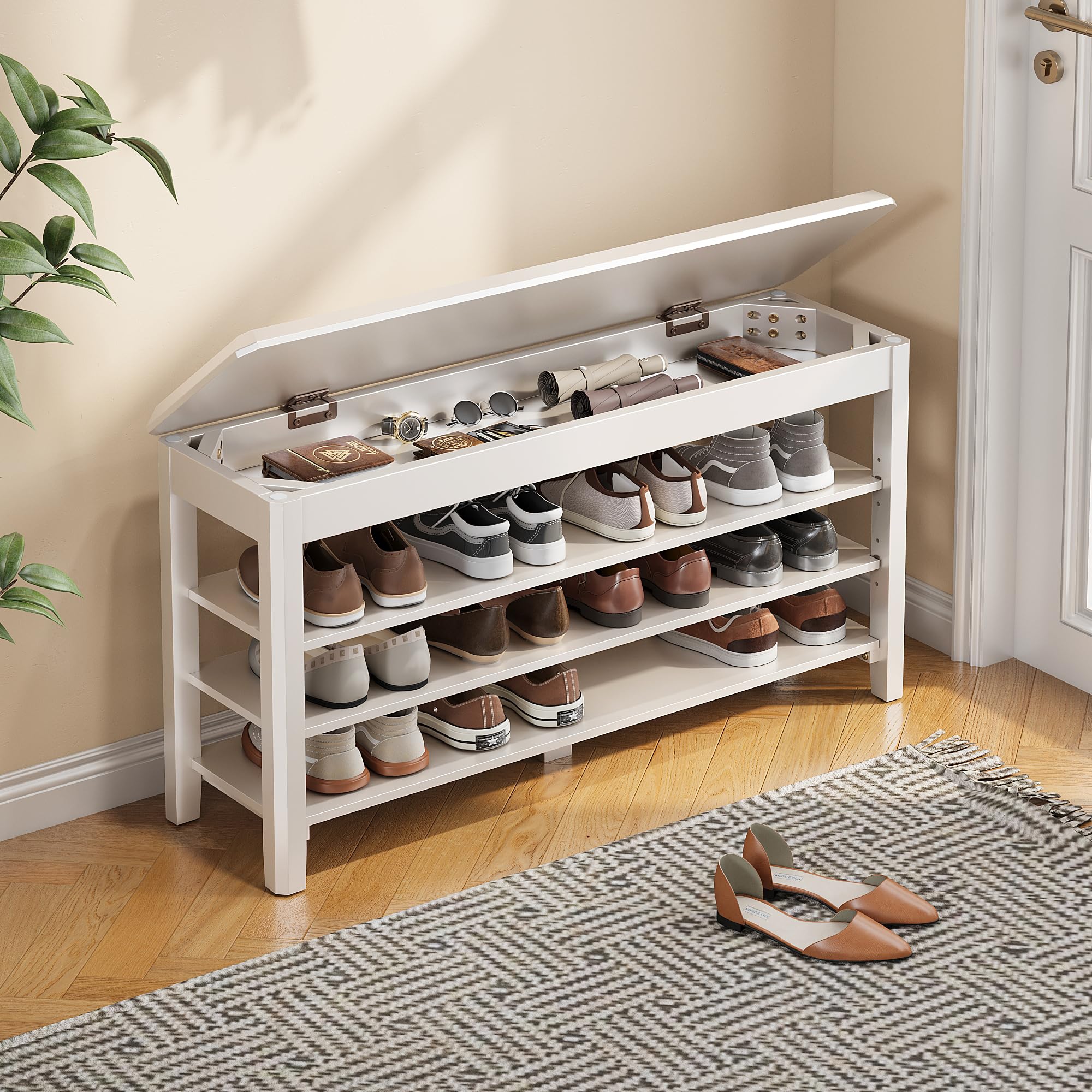 Shoe Rack Bench Seat Rubberwood 3-Tier Wooden Storage Bench 550lbs Compact Mid-Century Modern Design for Entryway, Hallway, Closet, Front Door Entrance, Foyer