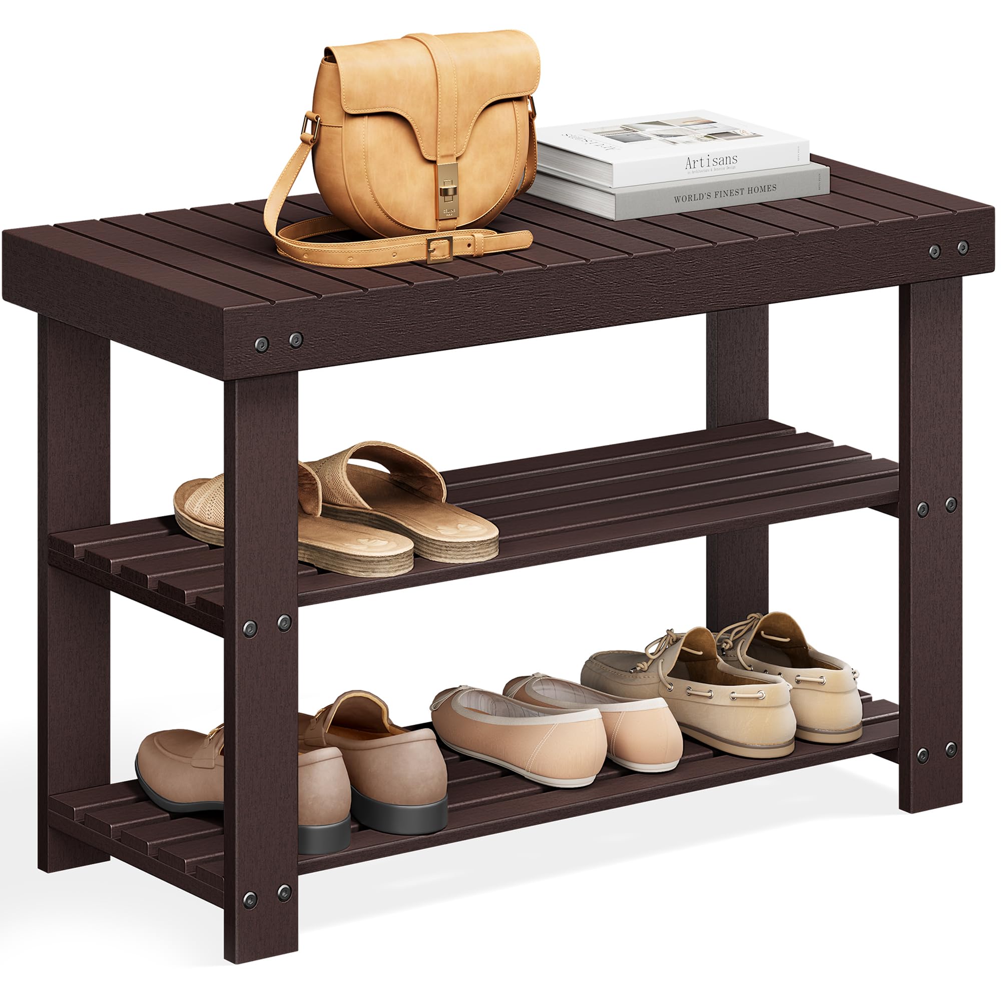 SONGMICS Shoe Rack Bench, 3-Tier Bamboo Shoe Storage Organizer, Entryway Bench, Holds Up to 286 lb, 11.3 x 27.6 x 17.8 Inches, for Entryway Bathroom Bedroom, Ink Black ULBS04H