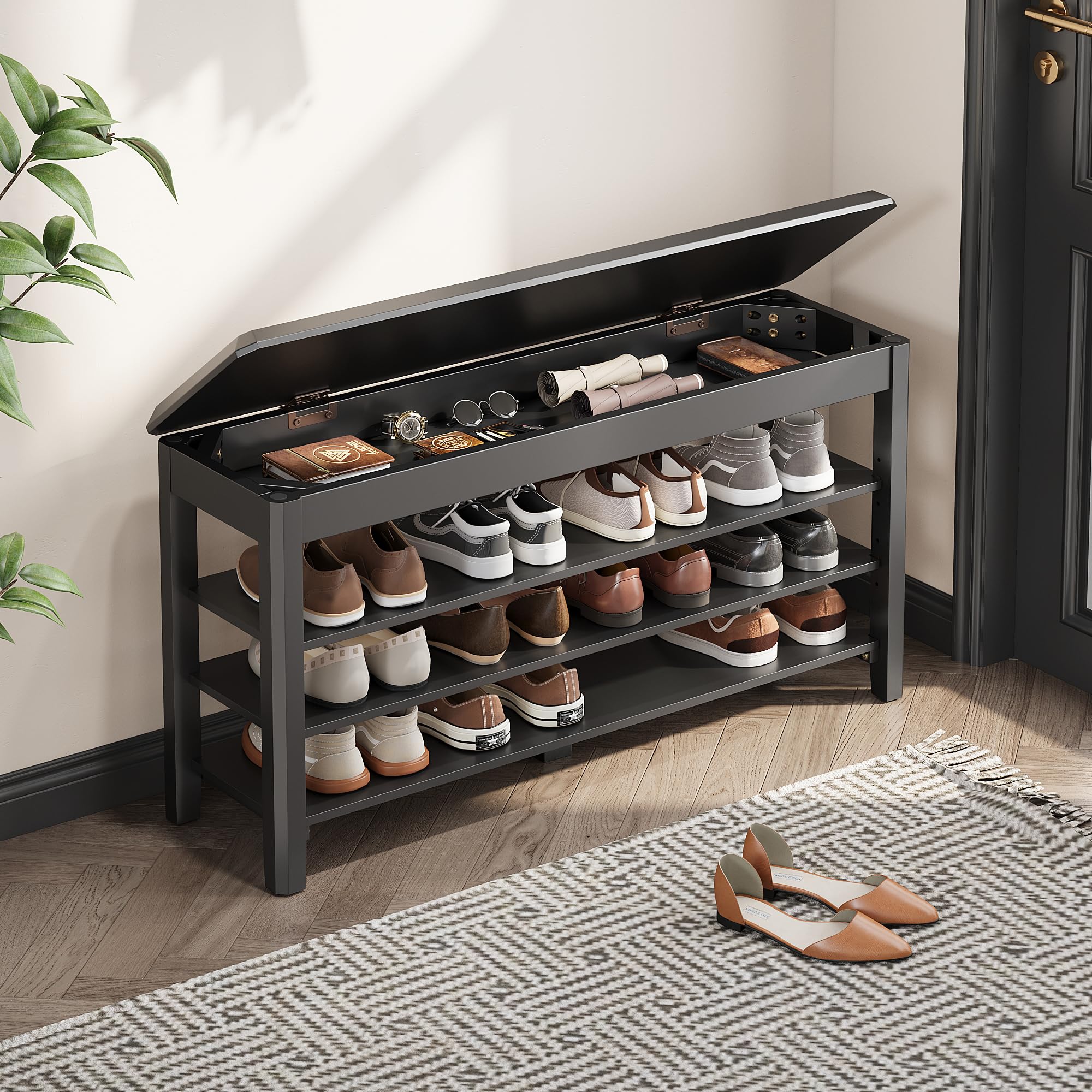 Shoe Rack Bench Seat Rubberwood 3-Tier Wooden Storage Bench 550lbs Compact Mid-Century Modern Design for Entryway, Hallway, Closet, Front Door Entrance, Foyer