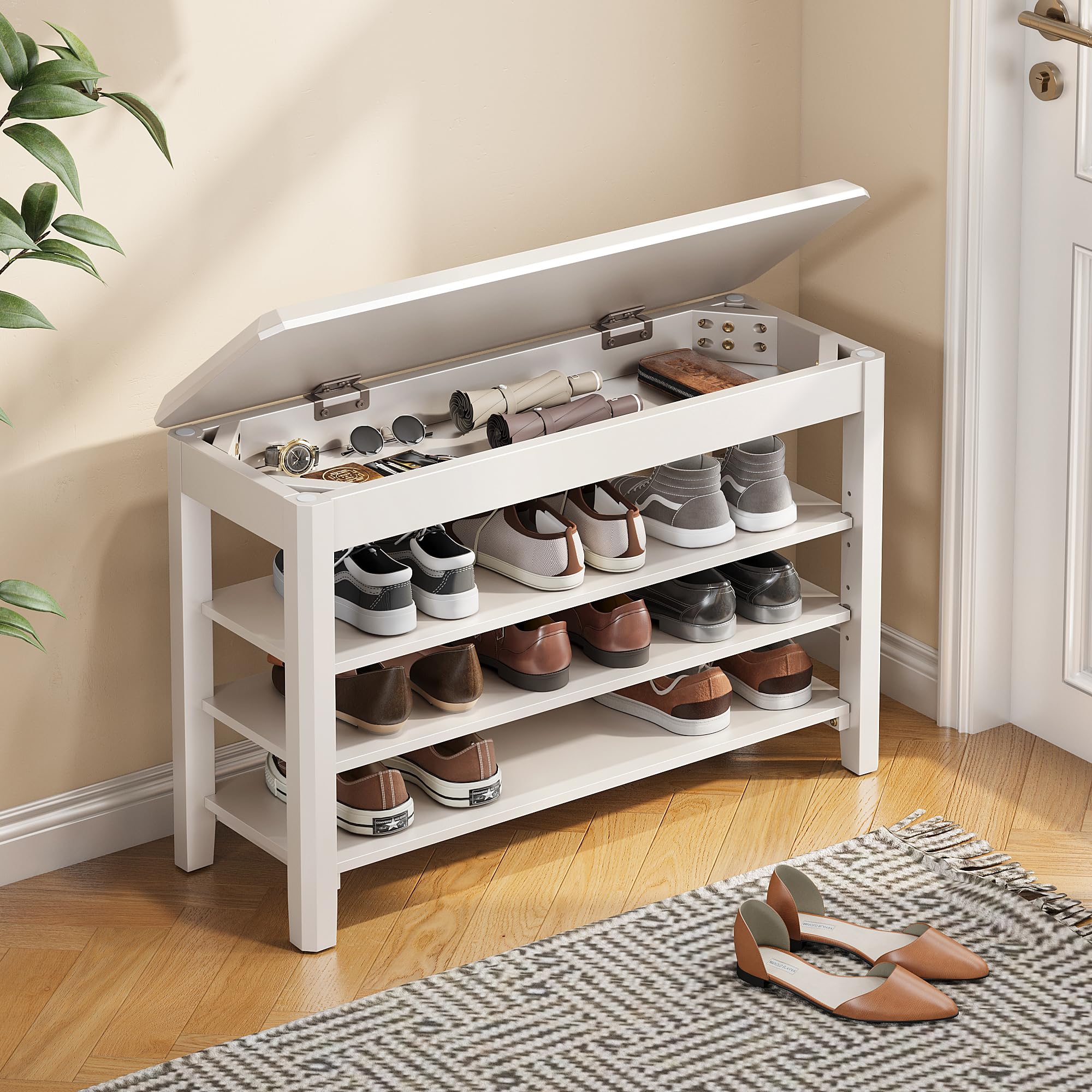 Shoe Rack Bench Seat Rubberwood 3-Tier Wooden Storage Bench 550lbs Compact Mid-Century Modern Design for Entryway, Hallway, Closet, Front Door Entrance, Foyer