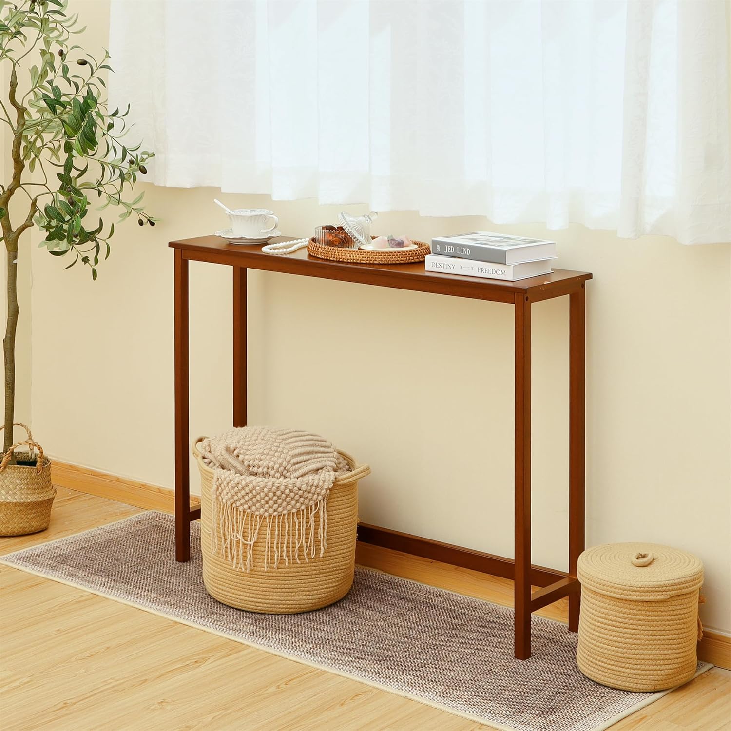Bamboo Narrow Console Table, 39.4"(L) Wood Small Entryway Table, Accent Slim Hallway Tables, Thin Sofa Side Tables for Hallway, Living Room, Bedroom, Foyer, Walnut