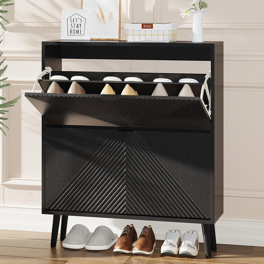 Shoe Cabinet Storage, Farmhouse Freestanding Organizer with 2 Flip Drawers and 4 Wooden feet, Narrow Shoe Rack Cabinet for Entryway, Foyer, Hallway, Black