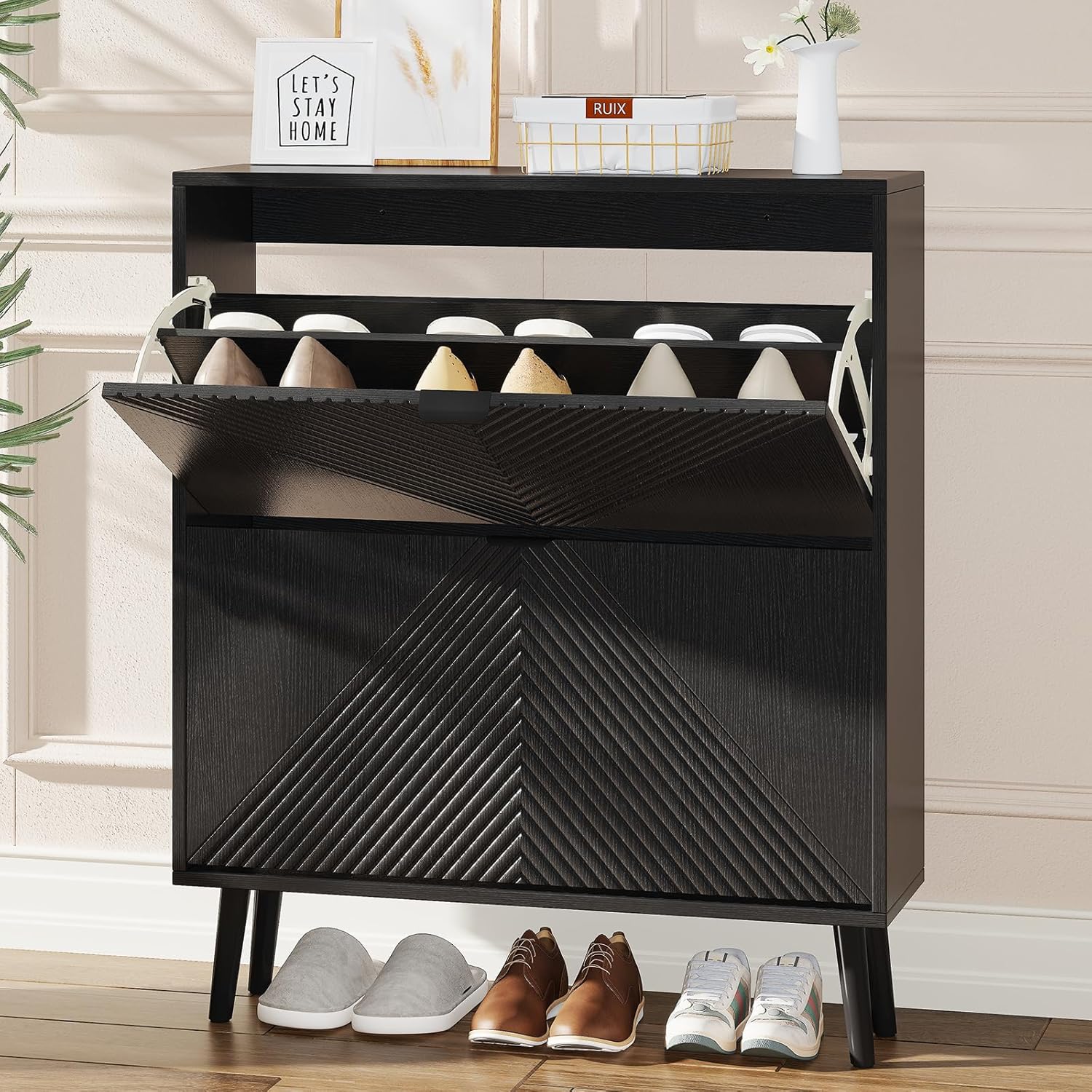 Shoe Cabinet Storage, Farmhouse Freestanding Organizer with 2 Flip Drawers and 4 Wooden feet, Narrow Shoe Rack Cabinet for Entryway, Foyer, Hallway, Black
