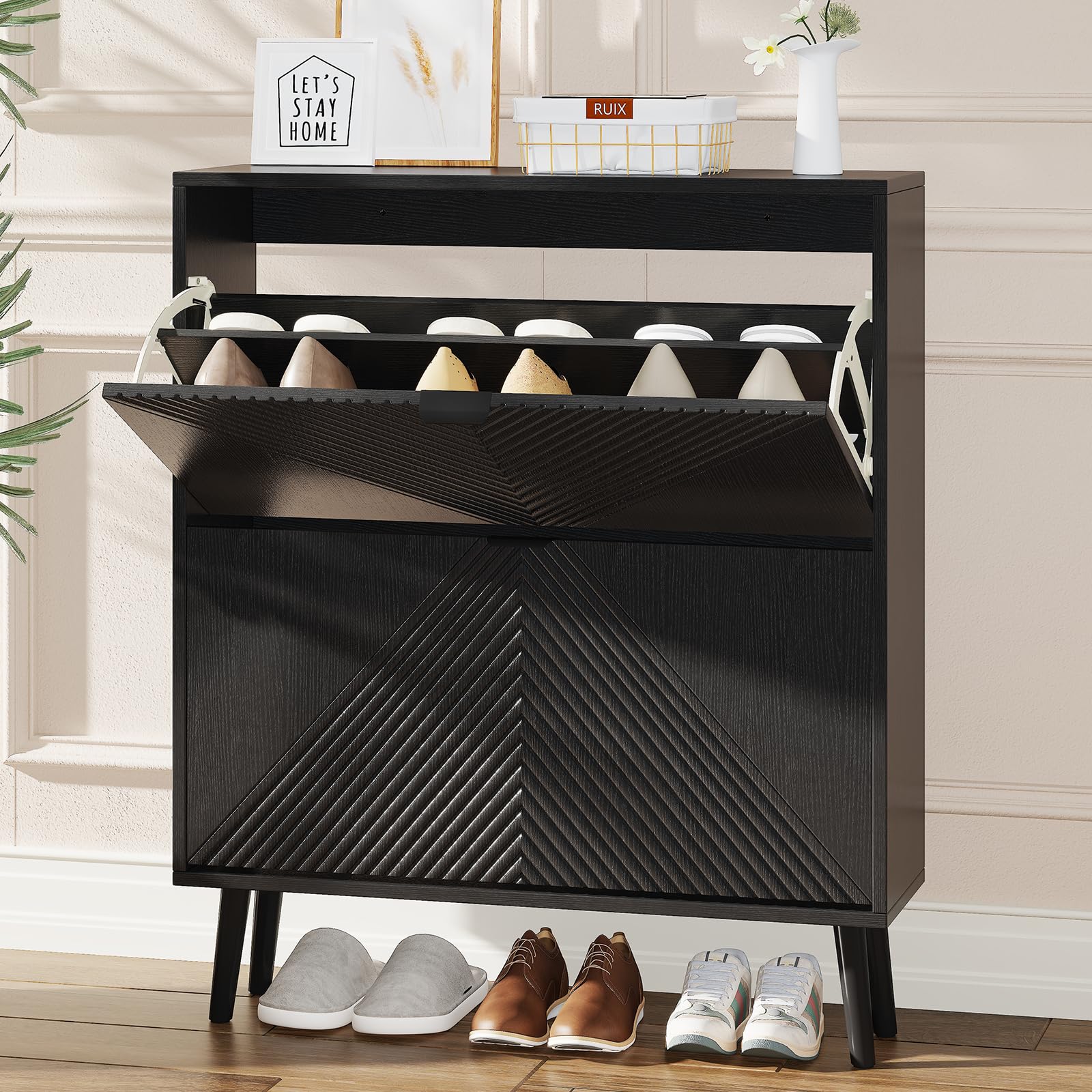 Shoe Cabinet Storage, Farmhouse Freestanding Organizer with 2 Flip Drawers and 4 Wooden feet, Narrow Shoe Rack Cabinet for Entryway, Foyer, Hallway, Black