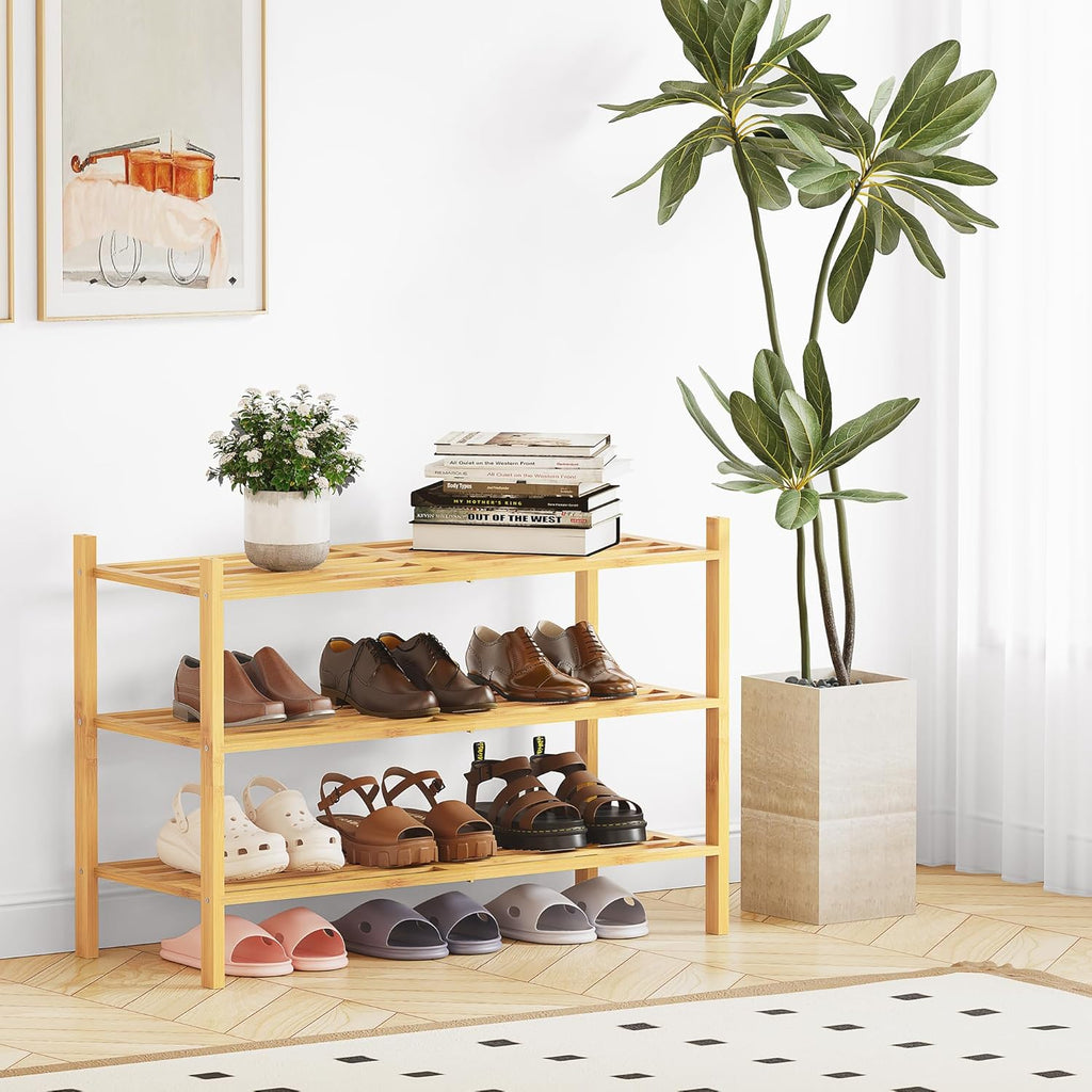 Bamboo Shoe Rack for Closet 3 Tier, Durable Wooden Shoe Rack, Space-Saving Stackable Shoe Organizer for Entryway, Dorm, Garage, Natural