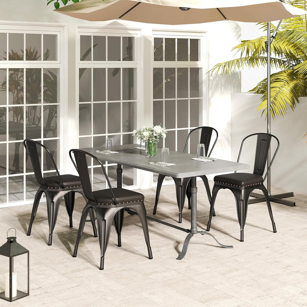 COSTWAY Metal Dining Chairs Set of 4, 18.5 Inch Stackable Industrial Kitchen Tolix Side Chairs with Cushions, Detachable High Back for Dining Room, Cafe, Restaurant, Bistro (Bronze)