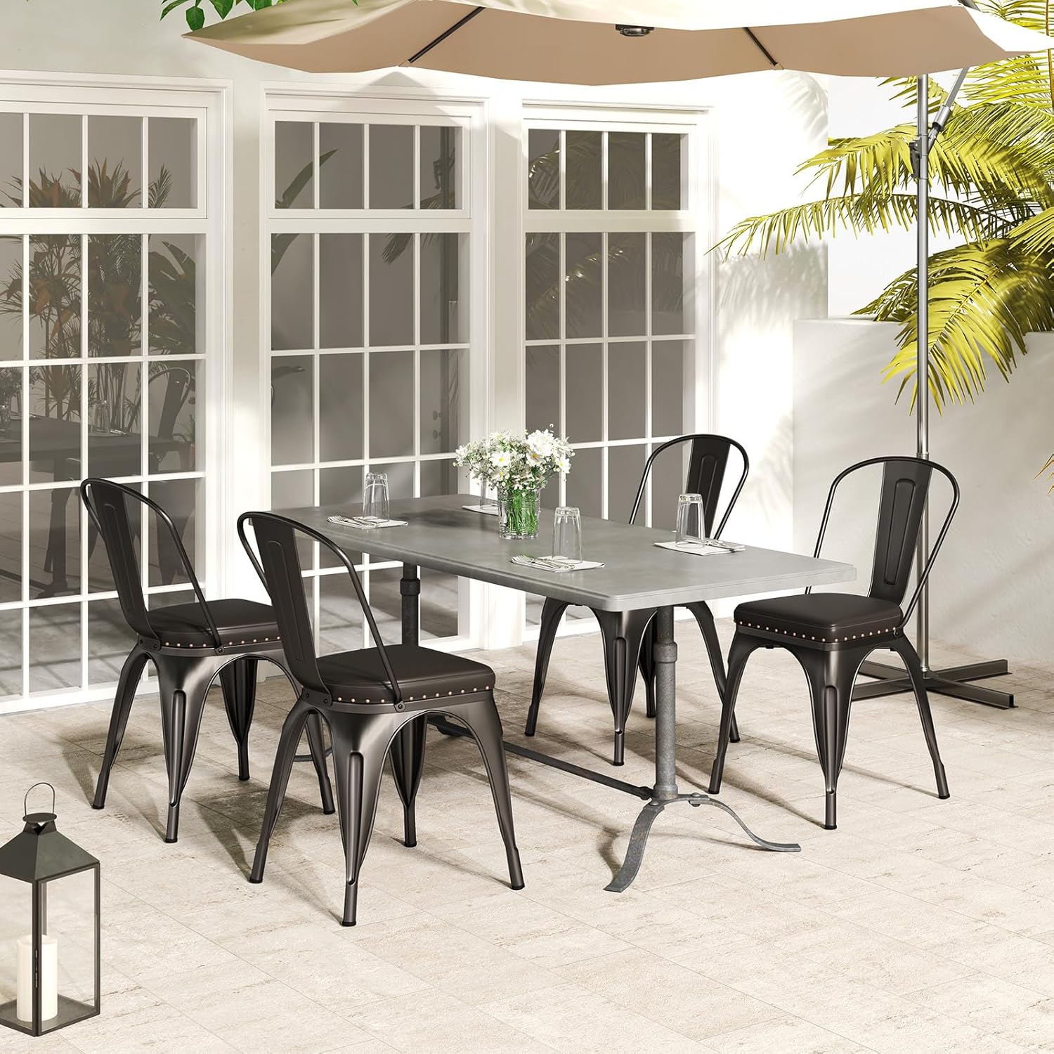 COSTWAY Metal Dining Chairs Set of 4, 18.5 Inch Stackable Industrial Kitchen Tolix Side Chairs with Cushions, Detachable High Back for Dining Room, Cafe, Restaurant, Bistro (Bronze)