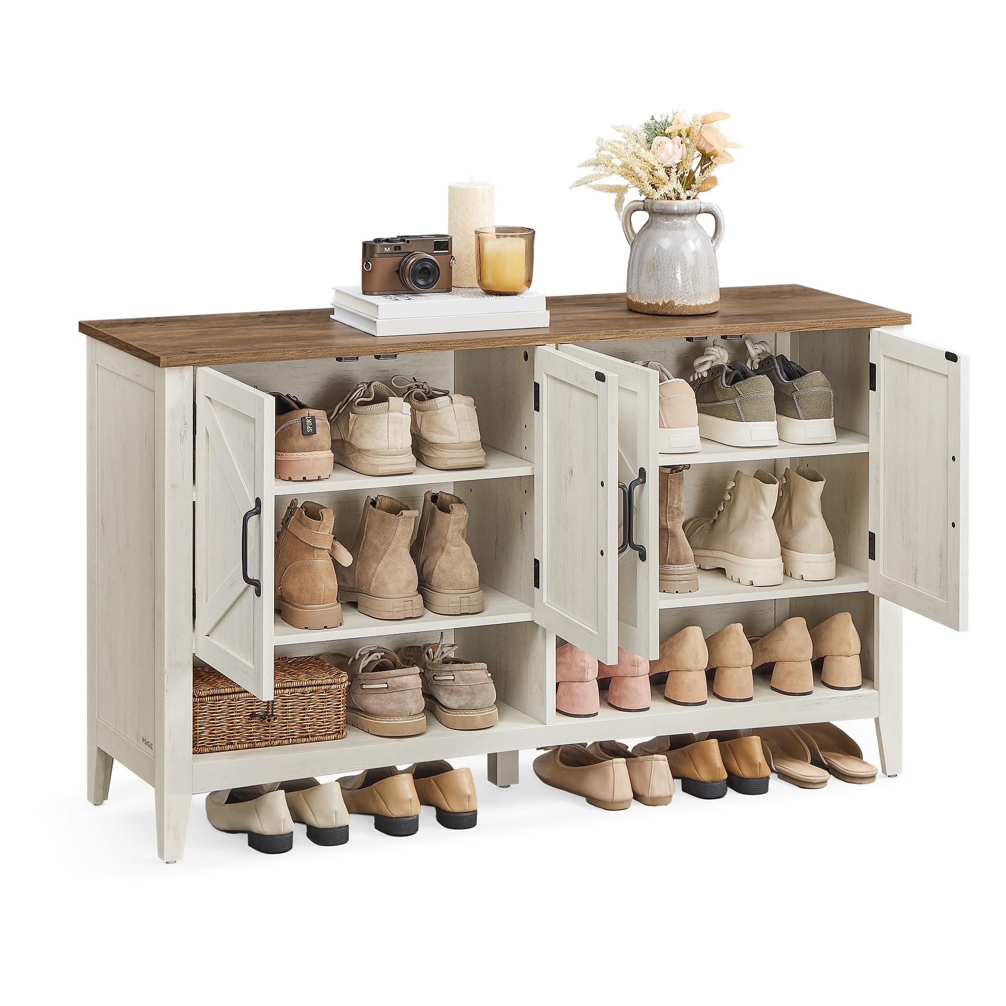 VASAGLE LIRY Collection - Shoe Cabinet, 3-Tier Storage Organizer, Shoe Shelf, Farmhouse Freestanding Cabinet, Height-Adjustable Shelf, 13.8 x 31.5 x 27.6 Inches, Rustic White ULBC038W01