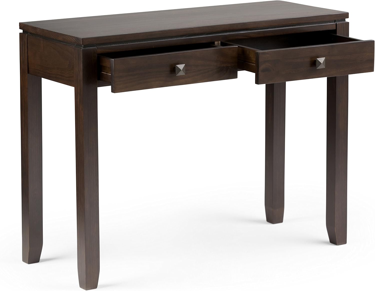 SIMPLIHOME Cosmopolitan Console Table - 38 inch Wide Solid Wood Sofa Table in Mahogany Brown, Contemporary Table for Entryway or Living Room with 2 Drawers, Floating Top, and Bronze Knobs