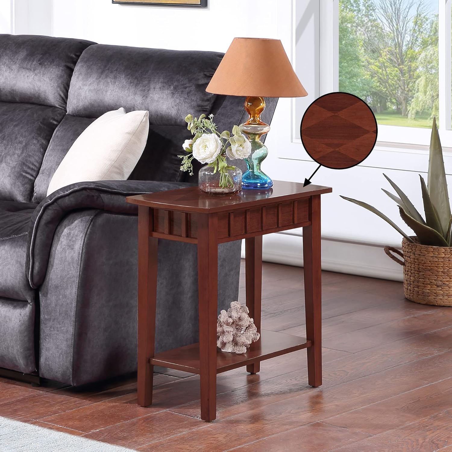 Convenience Concepts Dennis End Table with Shelf 24" - Modern Living Room Side Table with Shelf, Transitional Nightstand, Mahogany