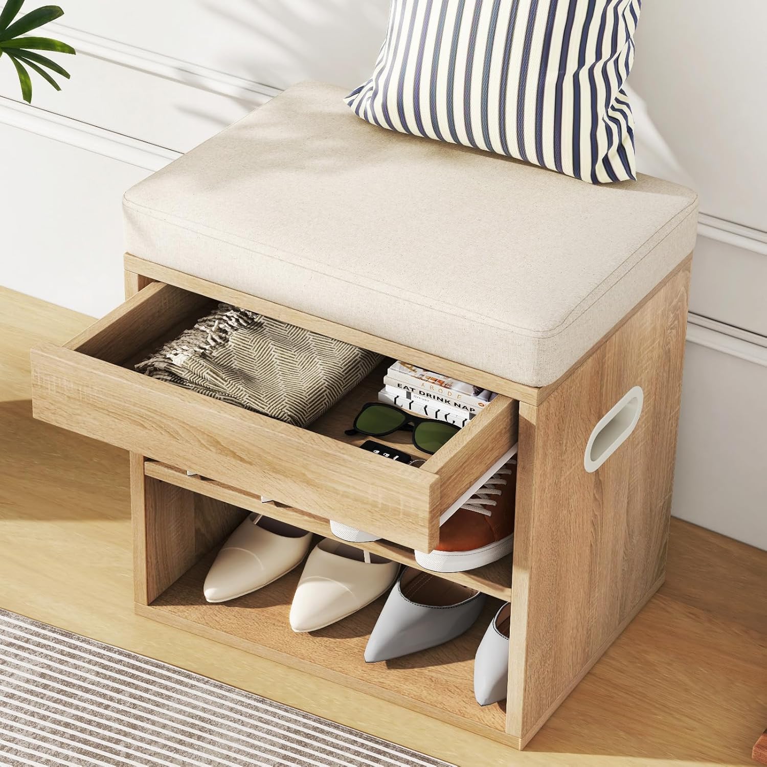 YMYNY Small Shoe Storage Bench with Cushion and Drawer, 2 Tier Adjustable Entryway Bench with Storage, Wooden Shoe Rack Bench for Entryway, Living Room, Hallway, Bedroom, Light Natural, HSC002R
