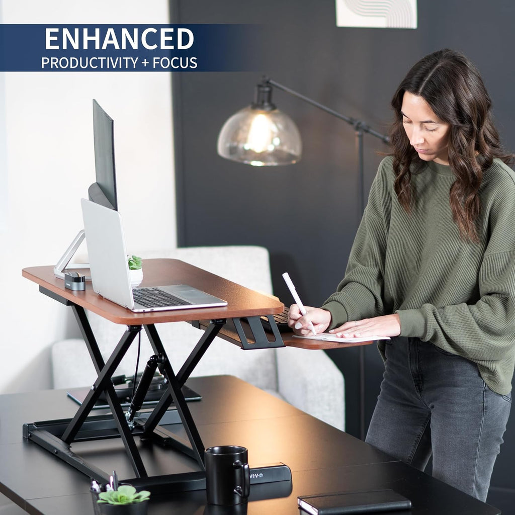 VIVO 32 inch Desk Converter, K Series, Height Adjustable Sit to Stand Riser, Dual Monitor and Laptop Workstation with Wide Keyboard Tray, Dark Walnut Top, Black Frame, DESK-V000KA