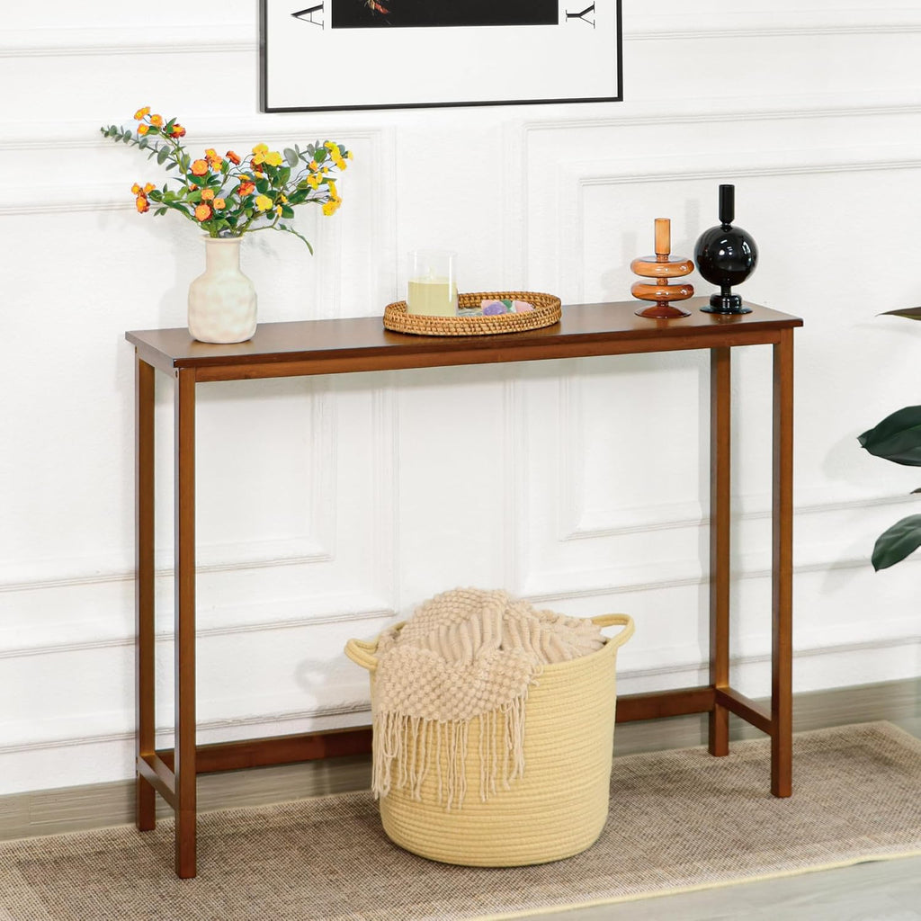 Bamboo Narrow Console Table, 39.4"(L) Wood Small Entryway Table, Accent Slim Hallway Tables, Thin Sofa Side Tables for Hallway, Living Room, Bedroom, Foyer, Walnut