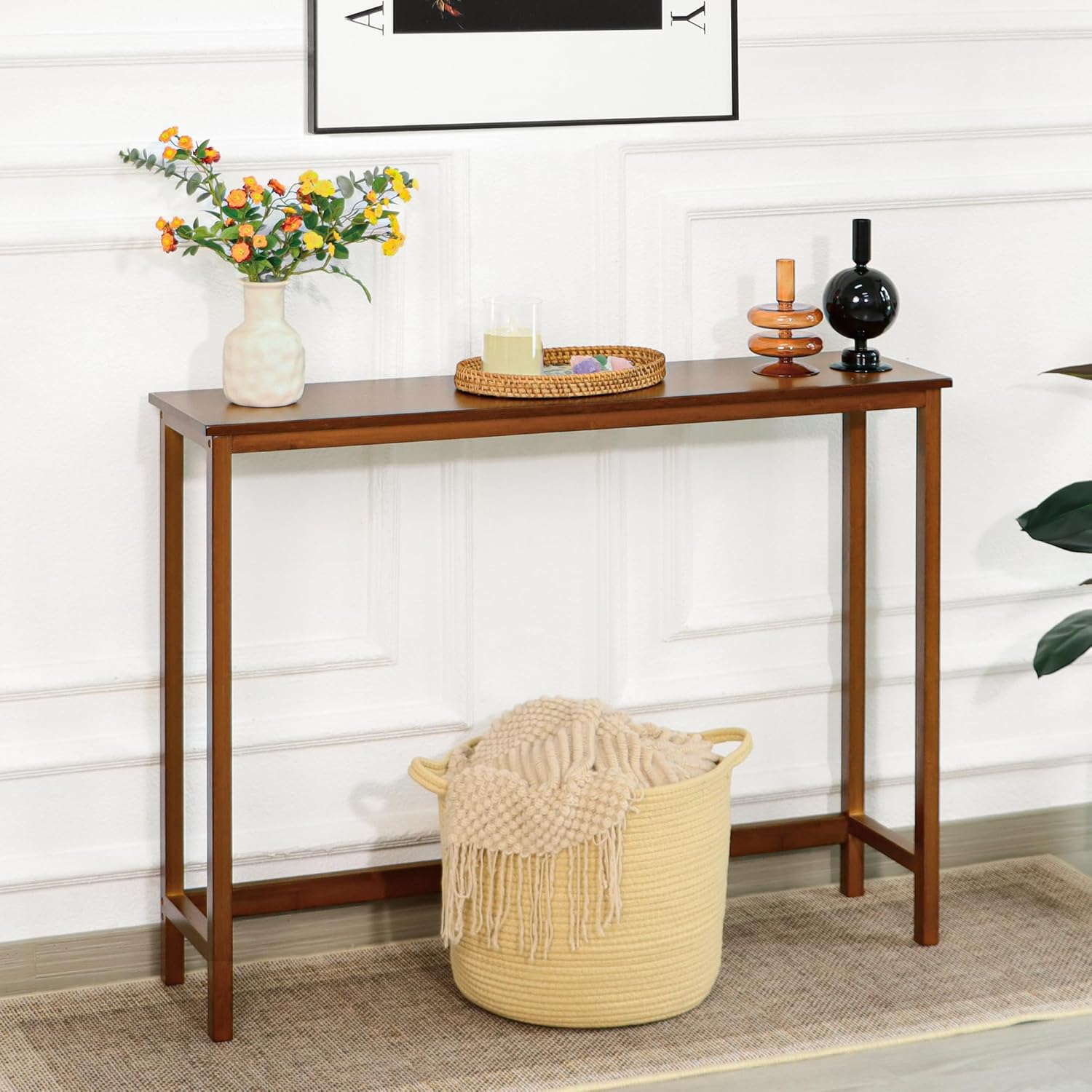 Bamboo Narrow Console Table, 39.4"(L) Wood Small Entryway Table, Accent Slim Hallway Tables, Thin Sofa Side Tables for Hallway, Living Room, Bedroom, Foyer, Walnut