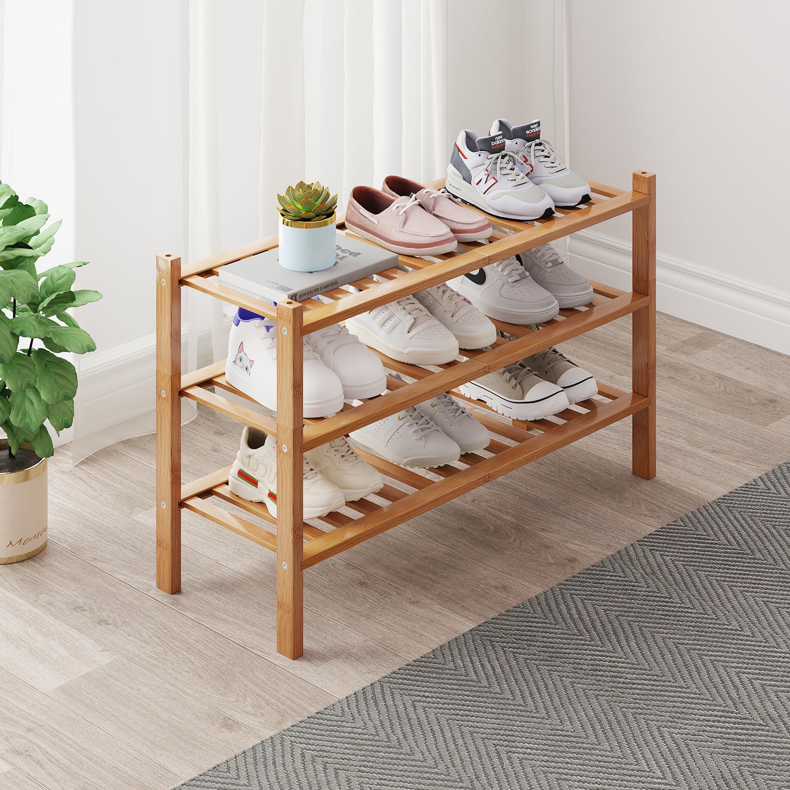Bamboo Shoe Rack Organizer for Closet and Entryway - Space-Saving Narrow Shoe Stand - Versatile Shoe Holder for Door or Closet Shelf,Garage Bedroom can Freely Stack DIY Small Shoe Racks 3 Tier Brown