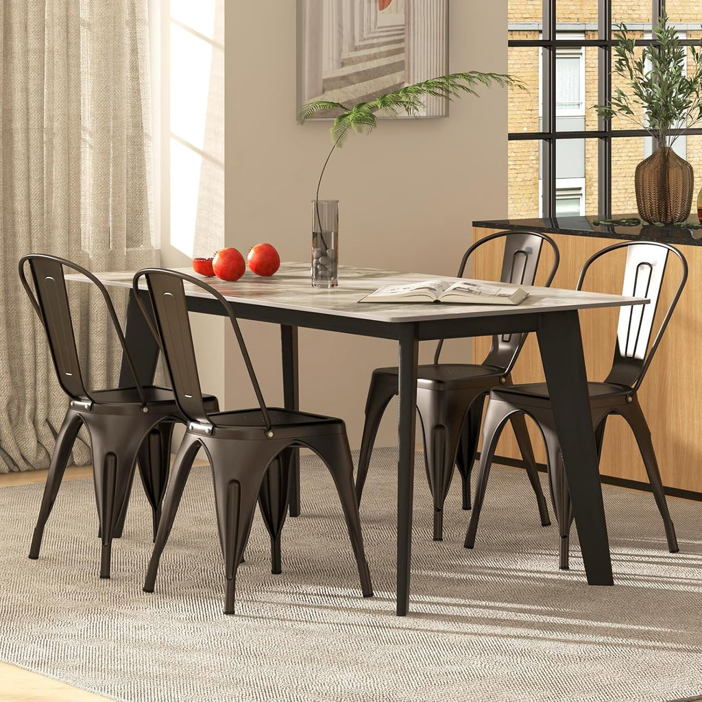 COSTWAY Metal Dining Chairs Set of 4, 18 Inch Stackable Industrial Kitchen Tolix Side Chairs with Detachable High Back for Dining Room, Cafe, Restaurant, Bistro (Bronze)