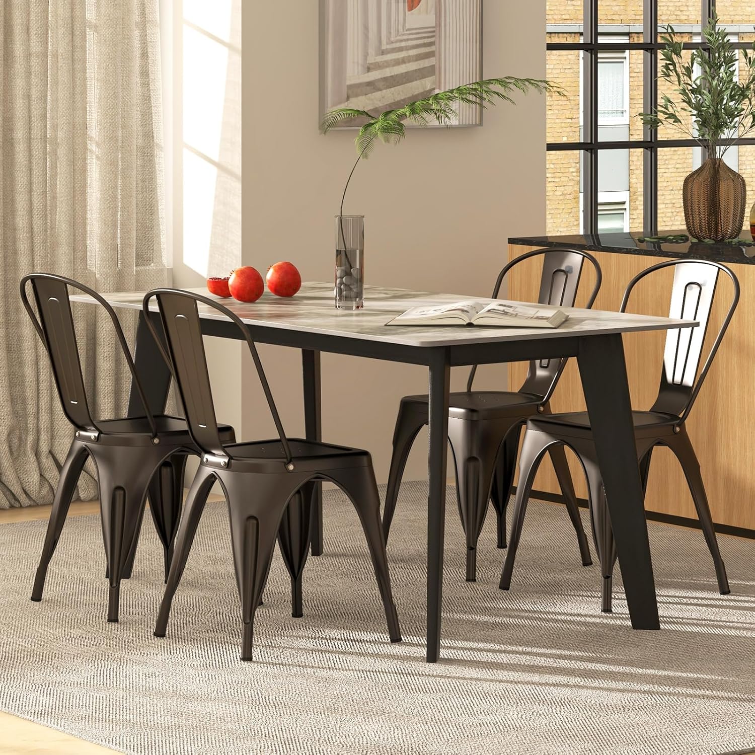 COSTWAY Metal Dining Chairs Set of 4, 18 Inch Stackable Industrial Kitchen Tolix Side Chairs with Detachable High Back for Dining Room, Cafe, Restaurant, Bistro (Bronze)