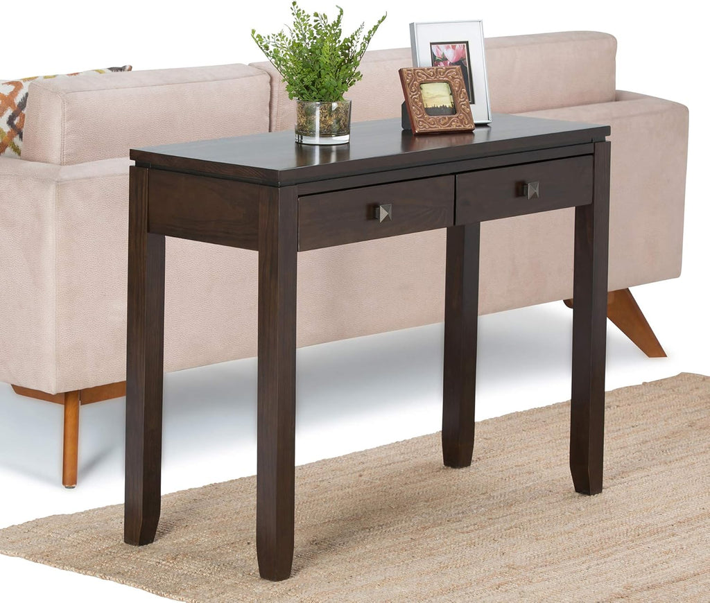 SIMPLIHOME Cosmopolitan Console Table - 38 inch Wide Solid Wood Sofa Table in Mahogany Brown, Contemporary Table for Entryway or Living Room with 2 Drawers, Floating Top, and Bronze Knobs
