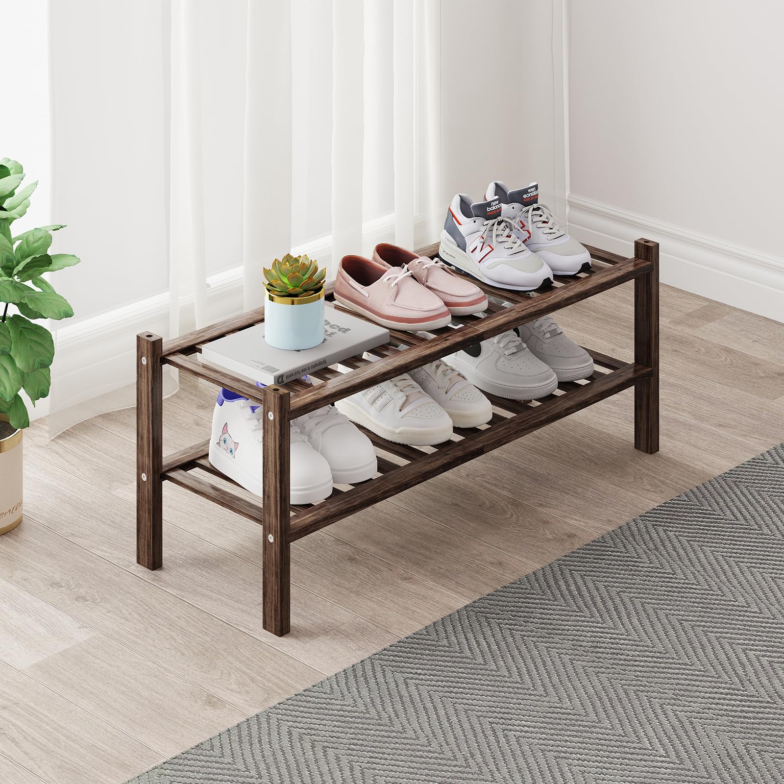 Bamboo Shoe Rack Organizer for Closet and Entryway - Space-Saving Narrow Shoe Stand - Versatile Shoe Holder for Door or Closet Shelf,Garage Bedroom can Freely Stack DIY Small Shoe Racks 3 Tier Brown