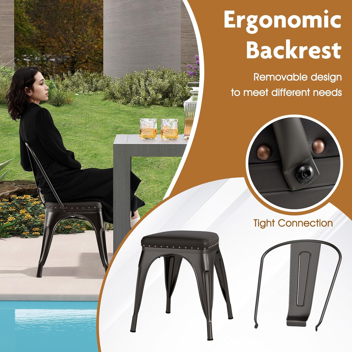 COSTWAY Metal Dining Chairs Set of 4, 18.5 Inch Stackable Industrial Kitchen Tolix Side Chairs with Cushions, Detachable High Back for Dining Room, Cafe, Restaurant, Bistro (Bronze)