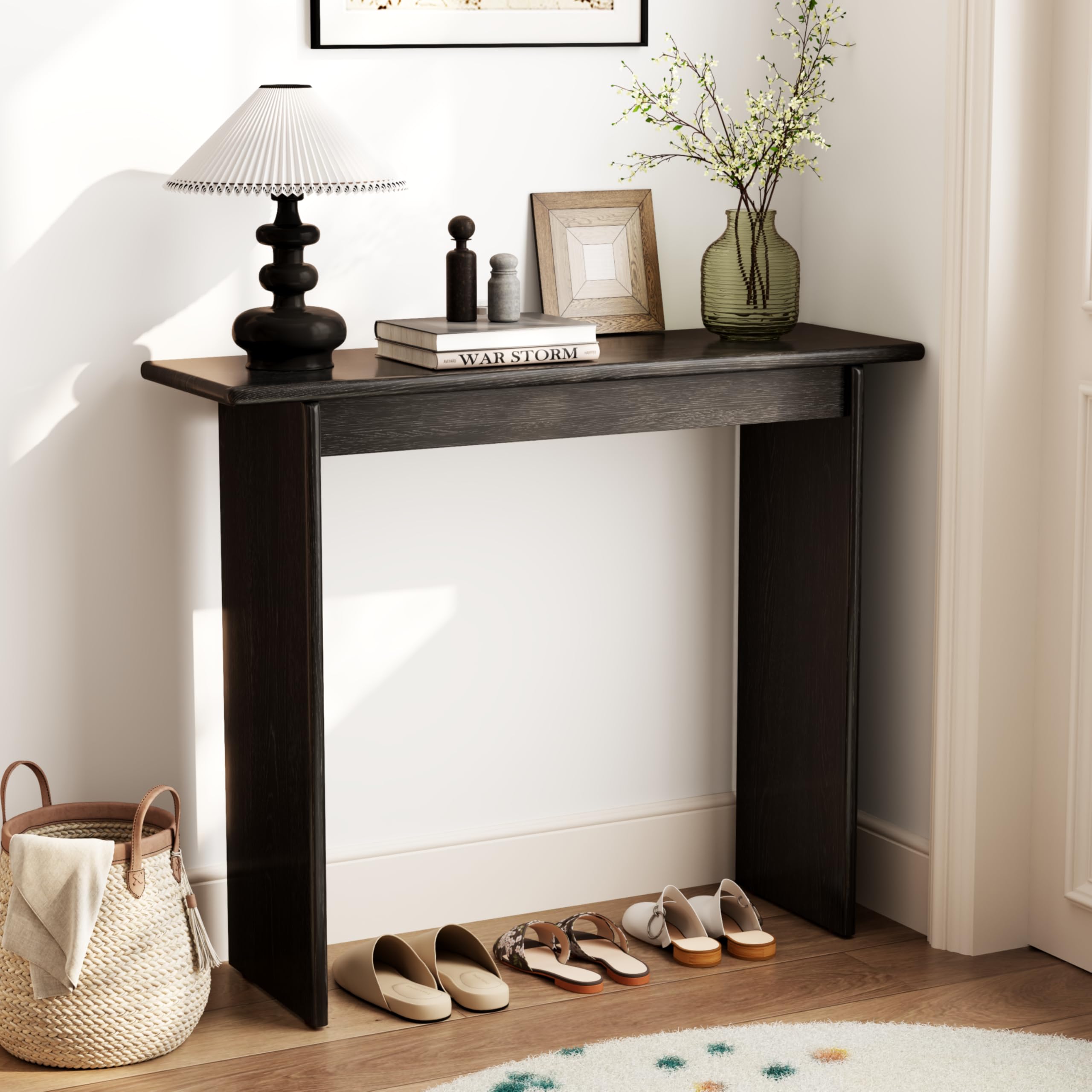 AQIMUELE Walnut Console Table Thin Rubberwood Minimalist Mid-Century Style | Stable and Sturdy 39.4" W x 11.8" D x 31.5" H for Entryway/Sofa Back