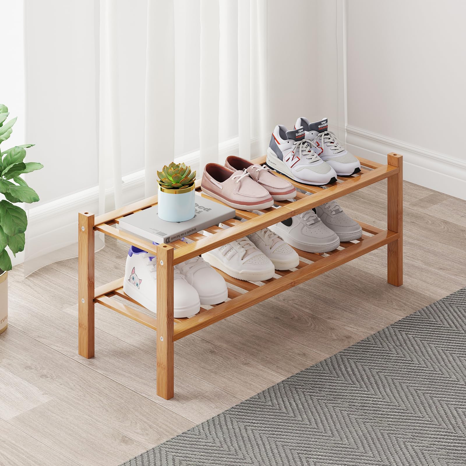 Bamboo Shoe Rack Organizer for Closet and Entryway - Space-Saving Narrow Shoe Stand - Versatile Shoe Holder for Door or Closet Shelf,Garage Bedroom can Freely Stack DIY Small Shoe Racks 3 Tier Brown