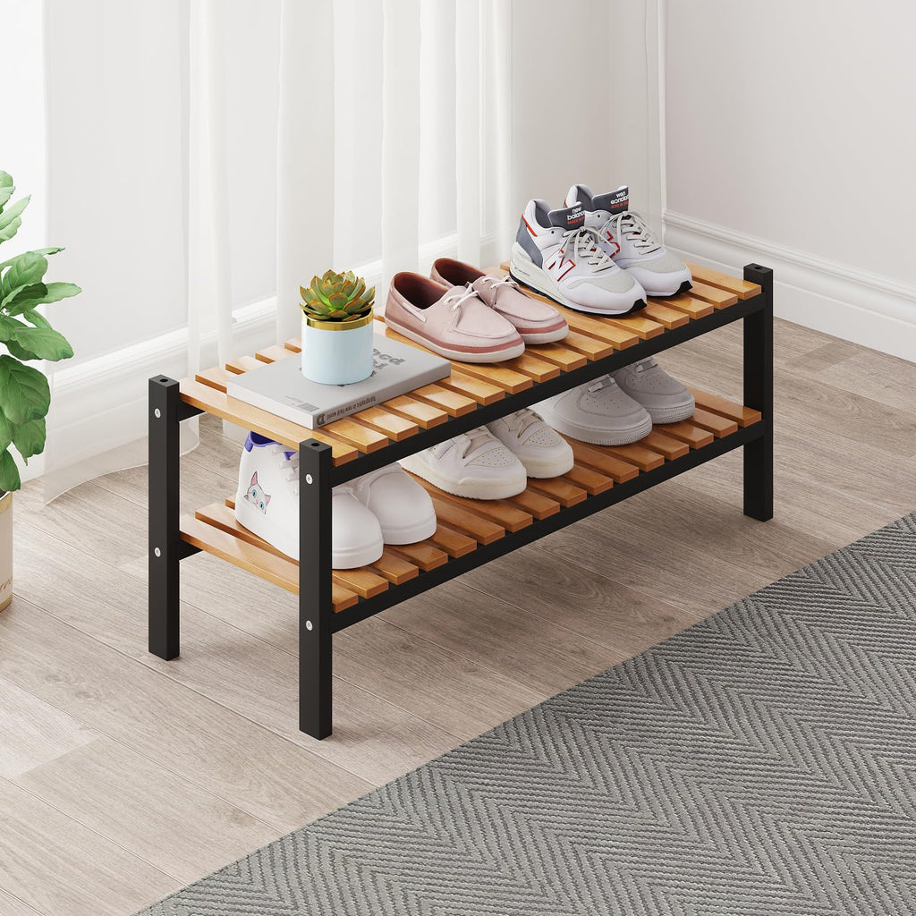 Bamboo Shoe Rack Organizer for Closet and Entryway - Space-Saving Narrow Shoe Stand - Versatile Shoe Holder for Door or Closet Shelf,Garage Bedroom can Freely Stack DIY Small Shoe Racks 3 Tier Brown