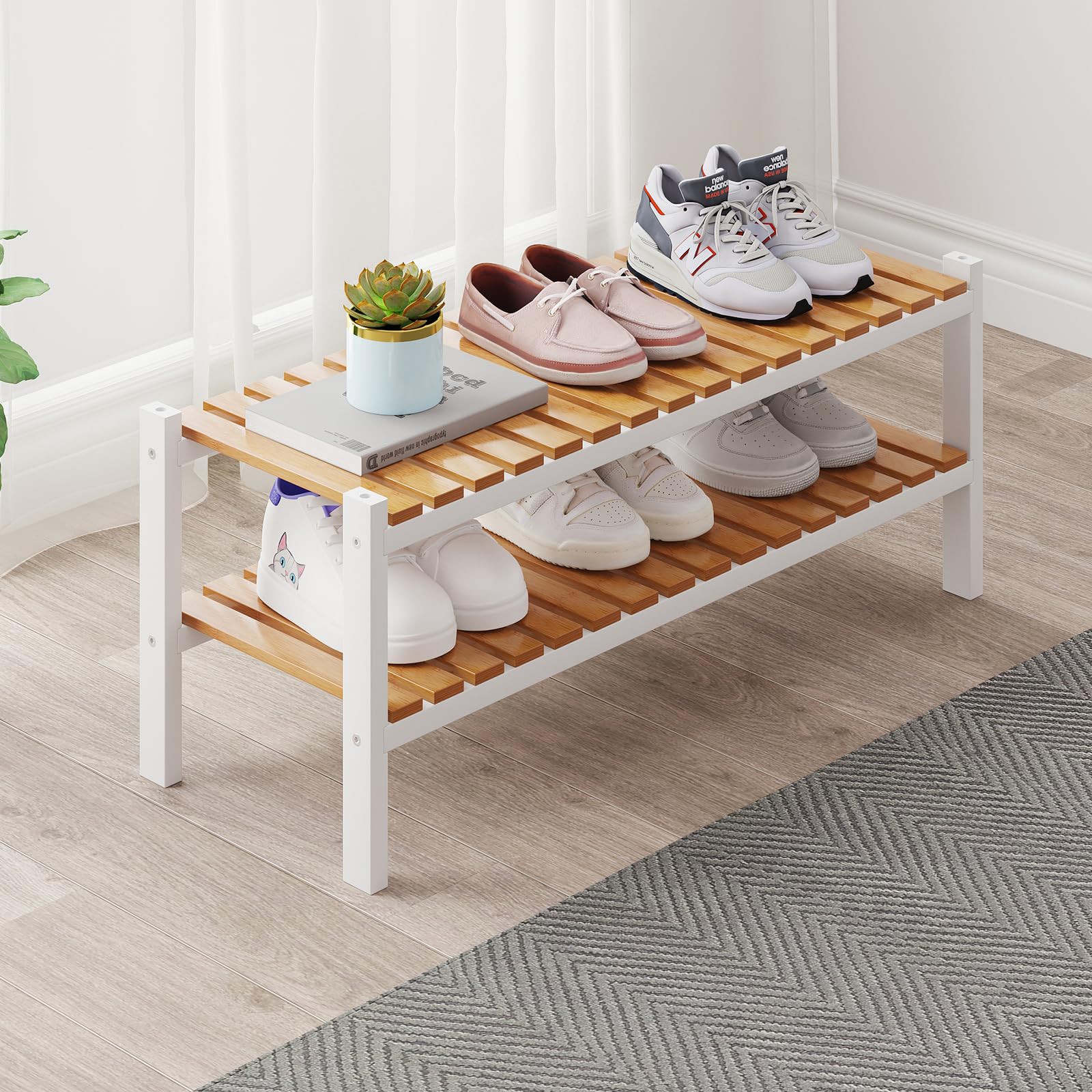 Bamboo Shoe Rack Organizer for Closet and Entryway - Space-Saving Narrow Shoe Stand - Versatile Shoe Holder for Door or Closet Shelf,Garage Bedroom can Freely Stack DIY Small Shoe Racks 3 Tier Brown