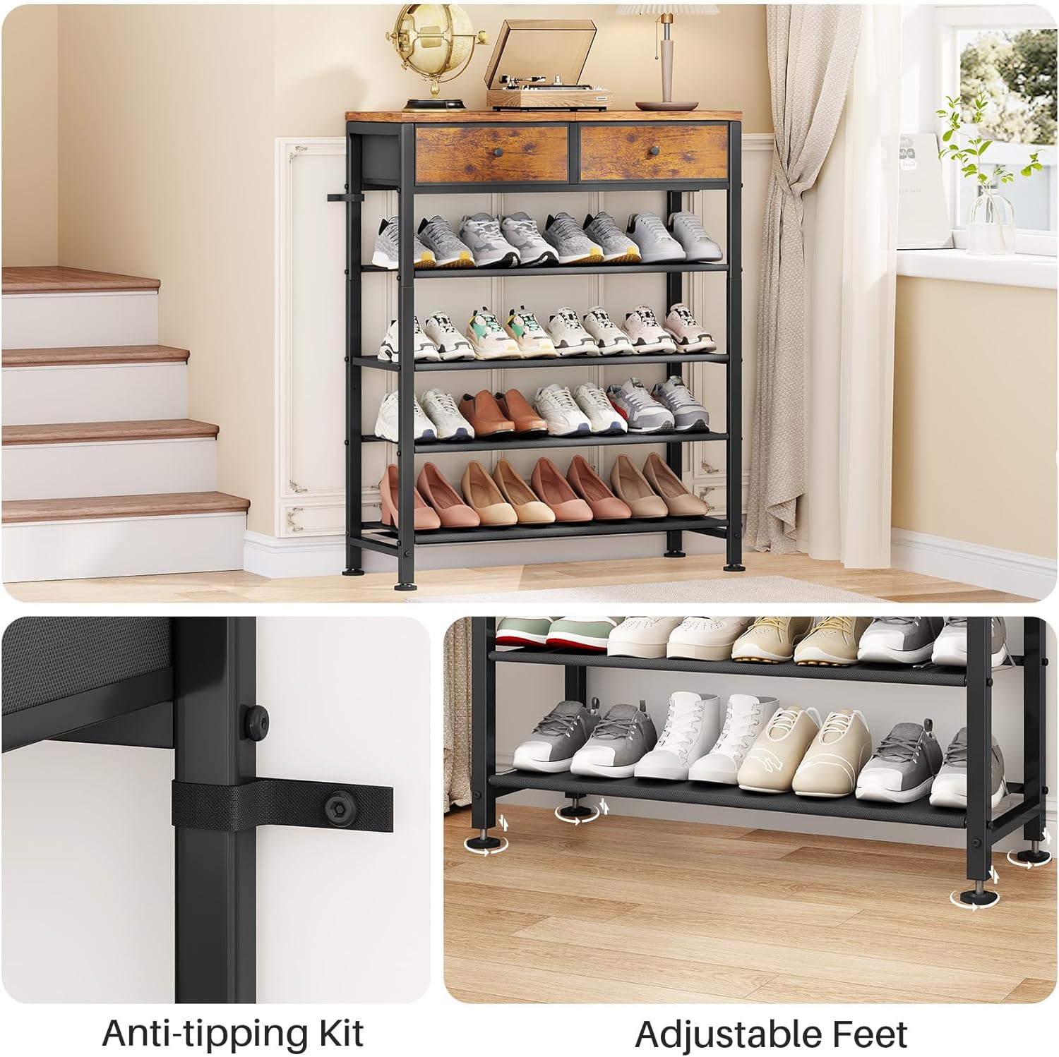 Kitstorack Shoe Rack, 5 Tier Shoe Organizer for 12-16 Pairs of Shoes, with 2 Drawers, 3 Fabric Shelves and Wooden Top, Shoe Rack for Closet Entryway, Rustic Brown