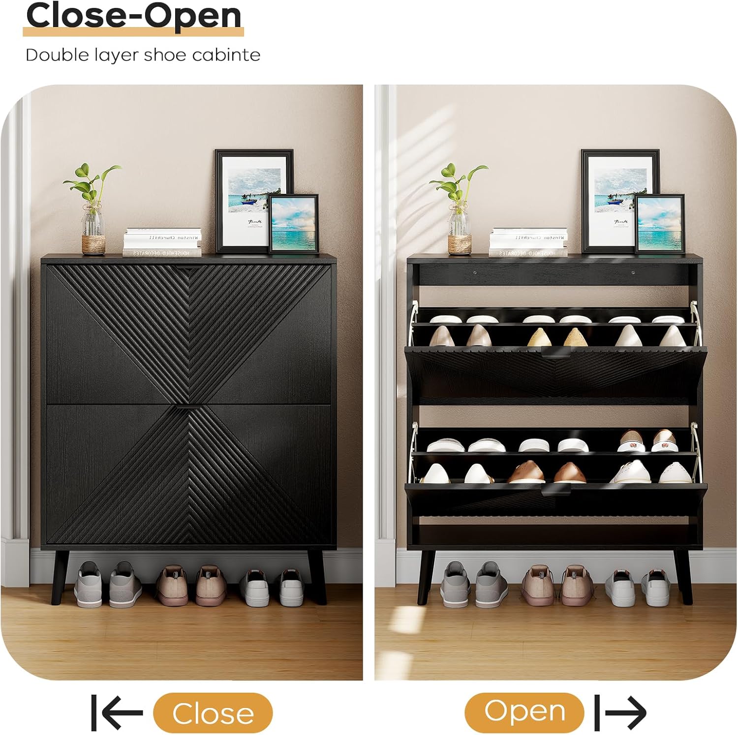 Shoe Cabinet Storage, Farmhouse Freestanding Organizer with 2 Flip Drawers and 4 Wooden feet, Narrow Shoe Rack Cabinet for Entryway, Foyer, Hallway, Black
