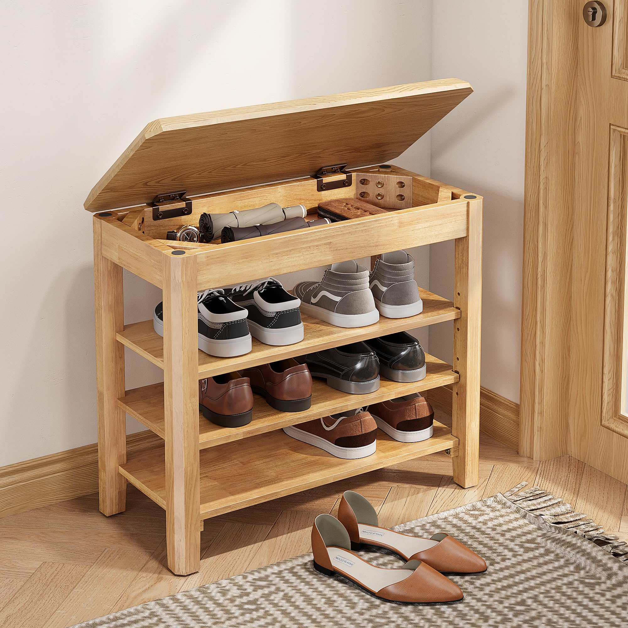 Shoe Rack Bench Seat Rubberwood 3-Tier Wooden Storage Bench 550lbs Compact Mid-Century Modern Design for Entryway, Hallway, Closet, Front Door Entrance, Foyer
