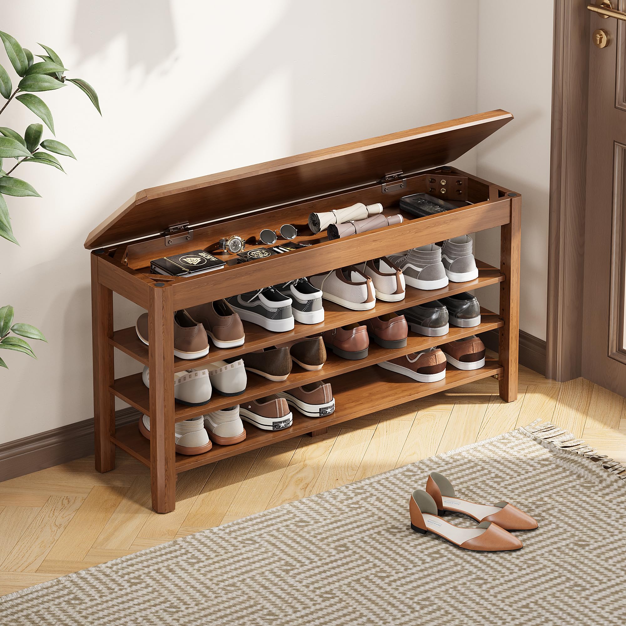 Shoe Rack Bench Seat Rubberwood 3-Tier Wooden Storage Bench 550lbs Compact Mid-Century Modern Design for Entryway, Hallway, Closet, Front Door Entrance, Foyer