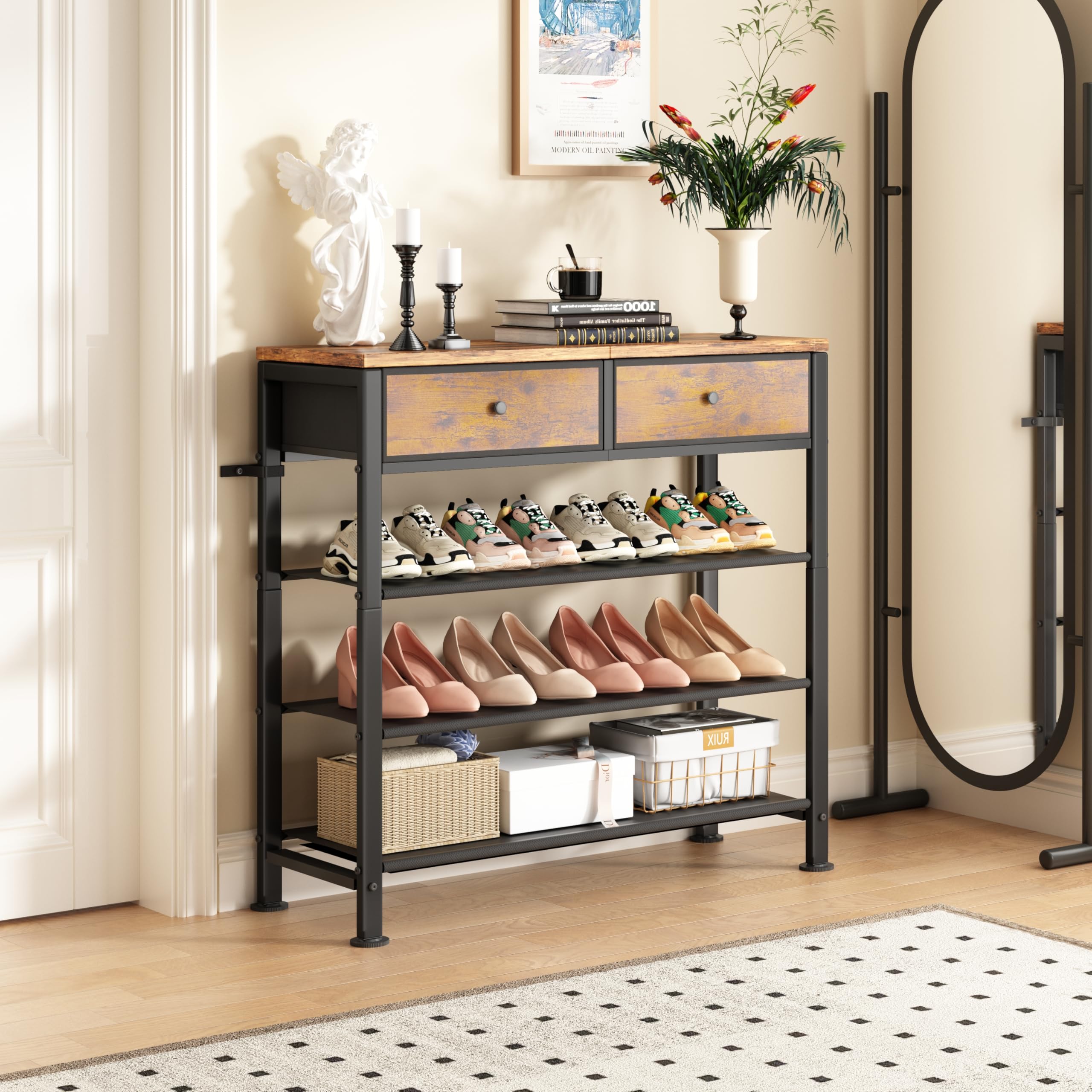 Kitstorack Shoe Rack, 5 Tier Shoe Organizer for 12-16 Pairs of Shoes, with 2 Drawers, 3 Fabric Shelves and Wooden Top, Shoe Rack for Closet Entryway, Rustic Brown
