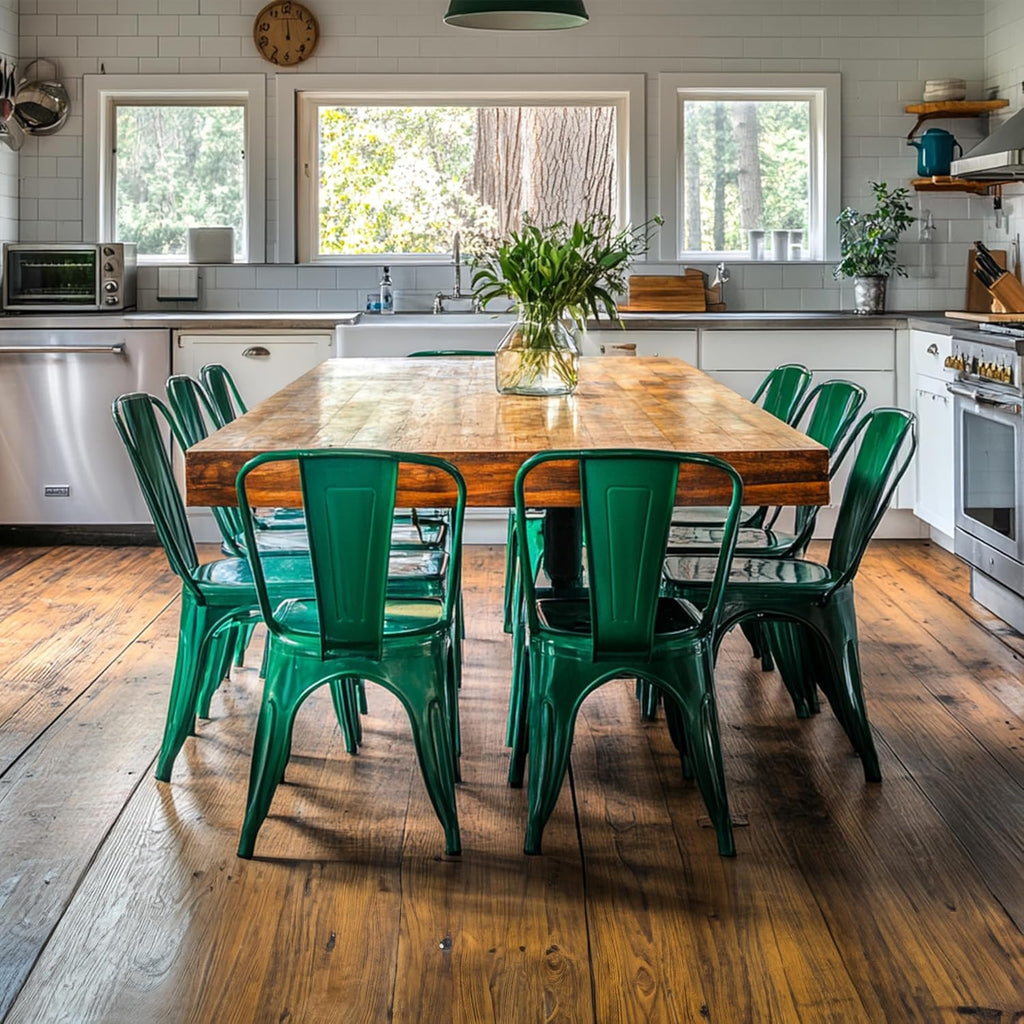 AC Pacific 18 Inch Seat Height Industrial Metal Dining Chairs, Stackable Kitchen or Bar Seat, Durable Modern Design, Versatile Accent Furniture, Set of 4, Green