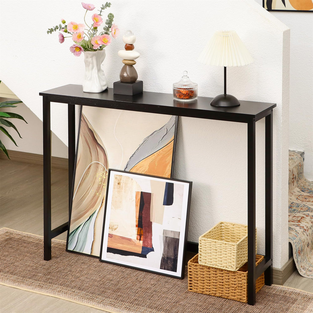 Bamboo Narrow Console Table, 39.4"(L) Wood Small Entryway Table, Accent Slim Hallway Tables, Thin Sofa Side Tables for Hallway, Living Room, Bedroom, Foyer, Walnut