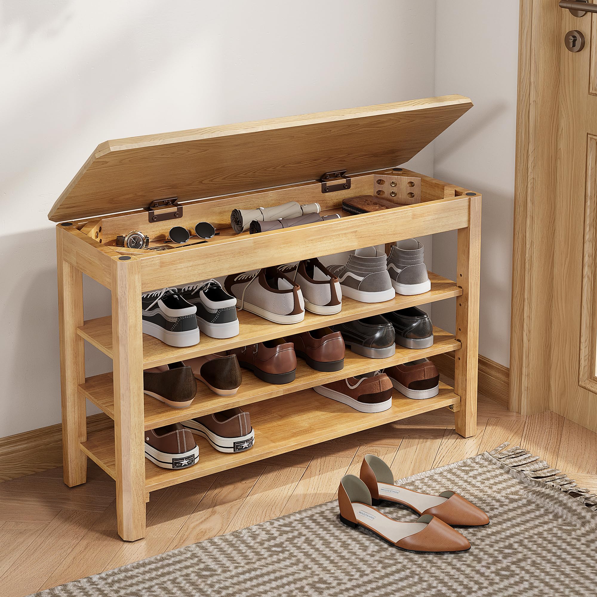 Shoe Rack Bench Seat Rubberwood 3-Tier Wooden Storage Bench 550lbs Compact Mid-Century Modern Design for Entryway, Hallway, Closet, Front Door Entrance, Foyer