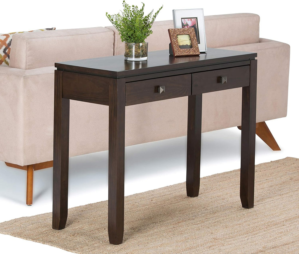 SIMPLIHOME Cosmopolitan Console Table - 38 inch Wide Solid Wood Sofa Table in Mahogany Brown, Contemporary Table for Entryway or Living Room with 2 Drawers, Floating Top, and Bronze Knobs