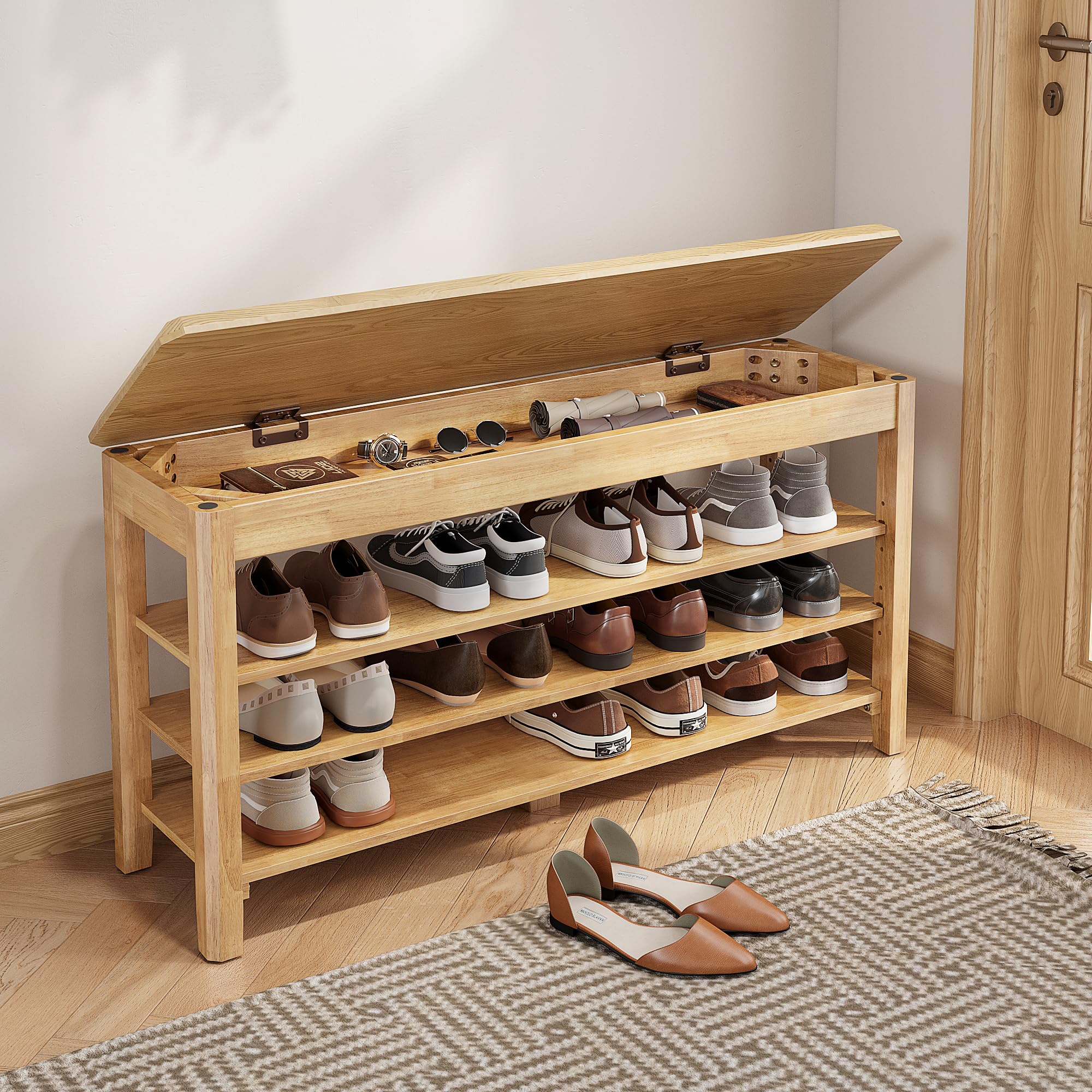 Shoe Rack Bench Seat Rubberwood 3-Tier Wooden Storage Bench 550lbs Compact Mid-Century Modern Design for Entryway, Hallway, Closet, Front Door Entrance, Foyer
