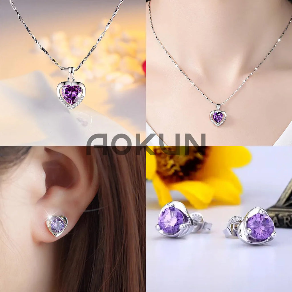AOKUN Collar Y Aretes Dije Corazón Cristal Mujer,regalo Para Mujer Regalos de San Valentín