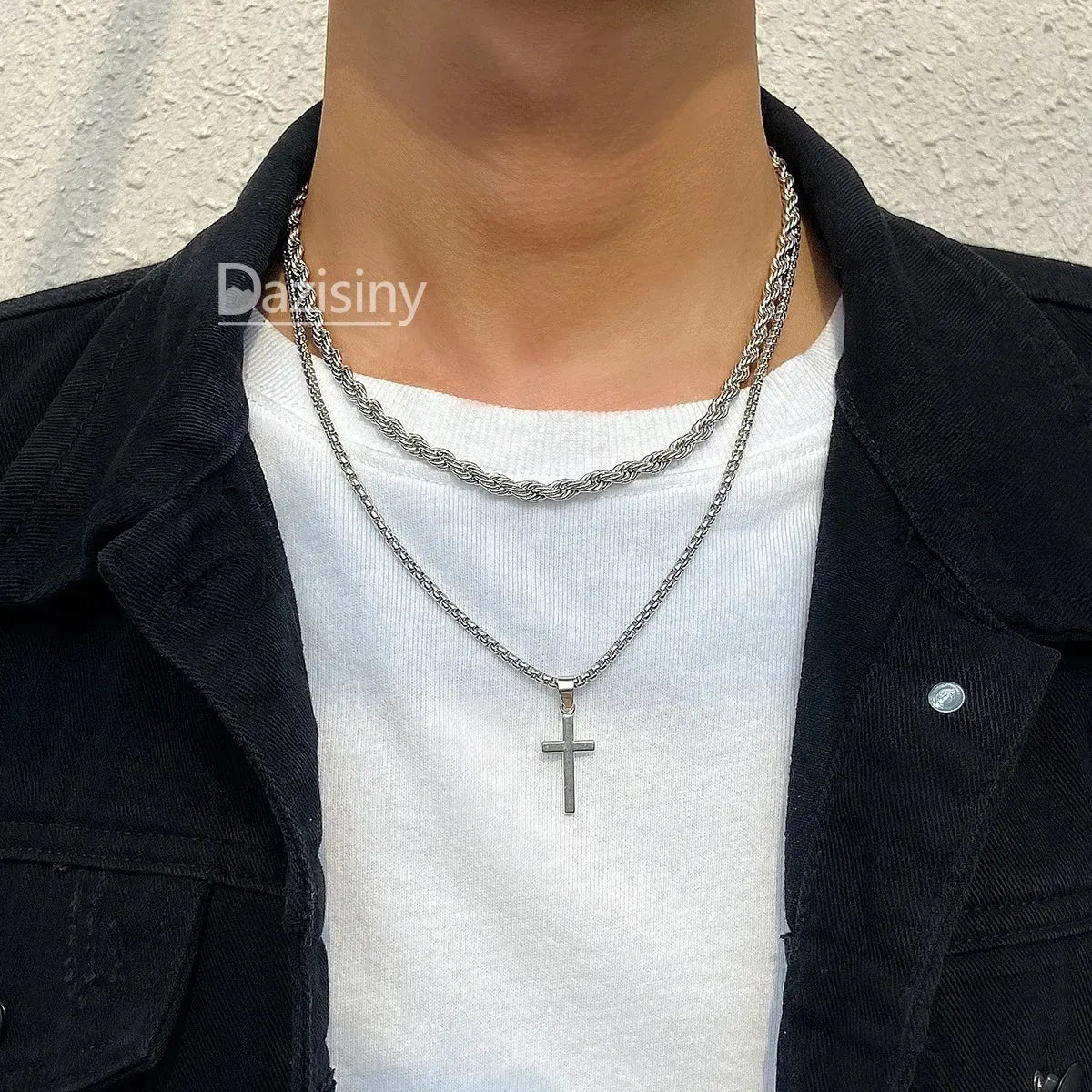 Dazisiny Collar Cadenas Cruz Dijes Hombres Joyeria Acero Inoxidable Plata.Regalos para novio y hombres,papá.Regalos de San Valentín
