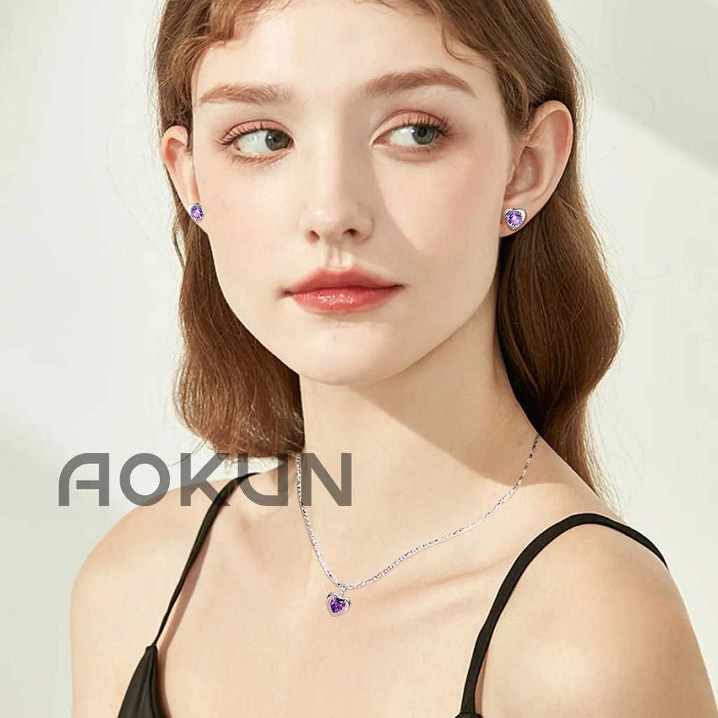 AOKUN Collar Y Aretes Dije Corazón Cristal Mujer,regalo Para Mujer Regalos de San Valentín