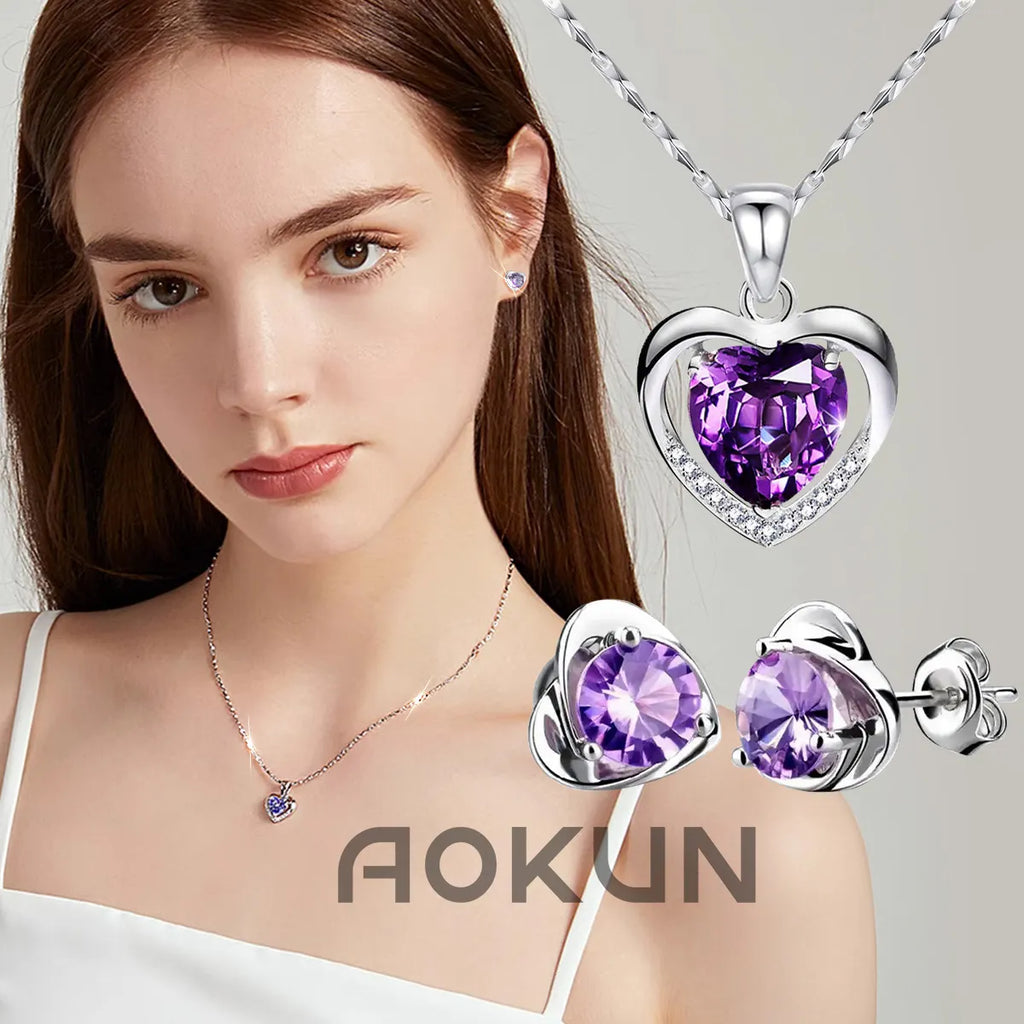 AOKUN Collar Y Aretes Dije Corazón Cristal Mujer,regalo Para Mujer Regalos de San Valentín