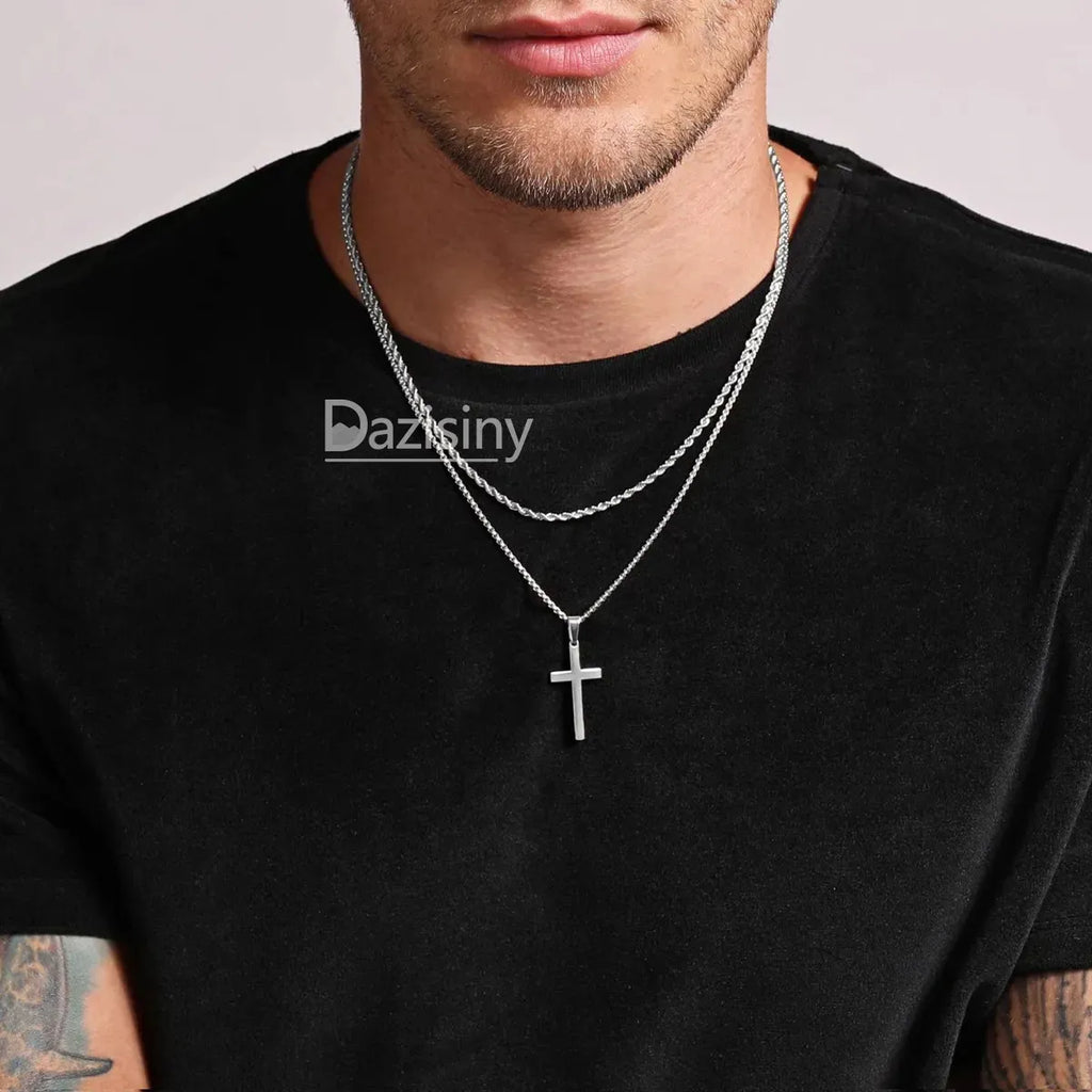 Dazisiny Collar Cadenas Cruz Dijes Hombres Joyeria Acero Inoxidable Plata.Regalos para novio y hombres,papá.Regalos de San Valentín